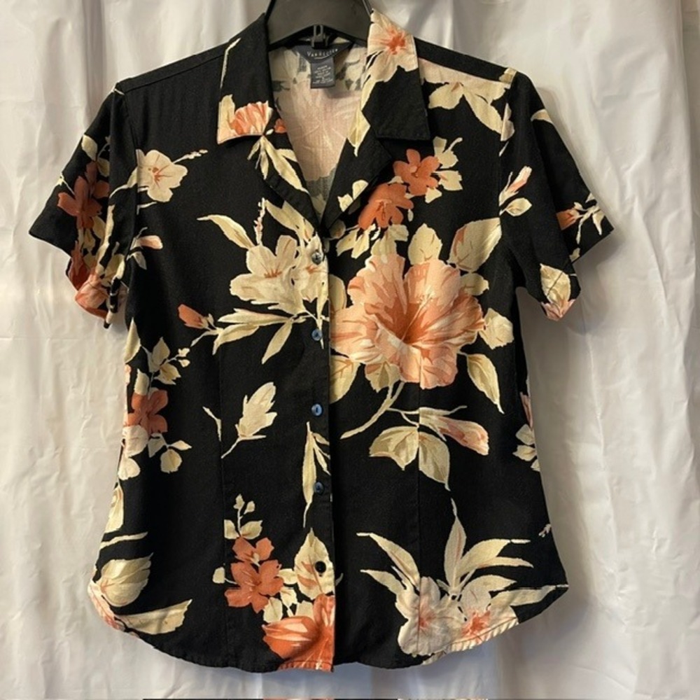 Van Heusen Y2K Black Tropical Floral Hawaiian Button Down Camp Shirt Sz S